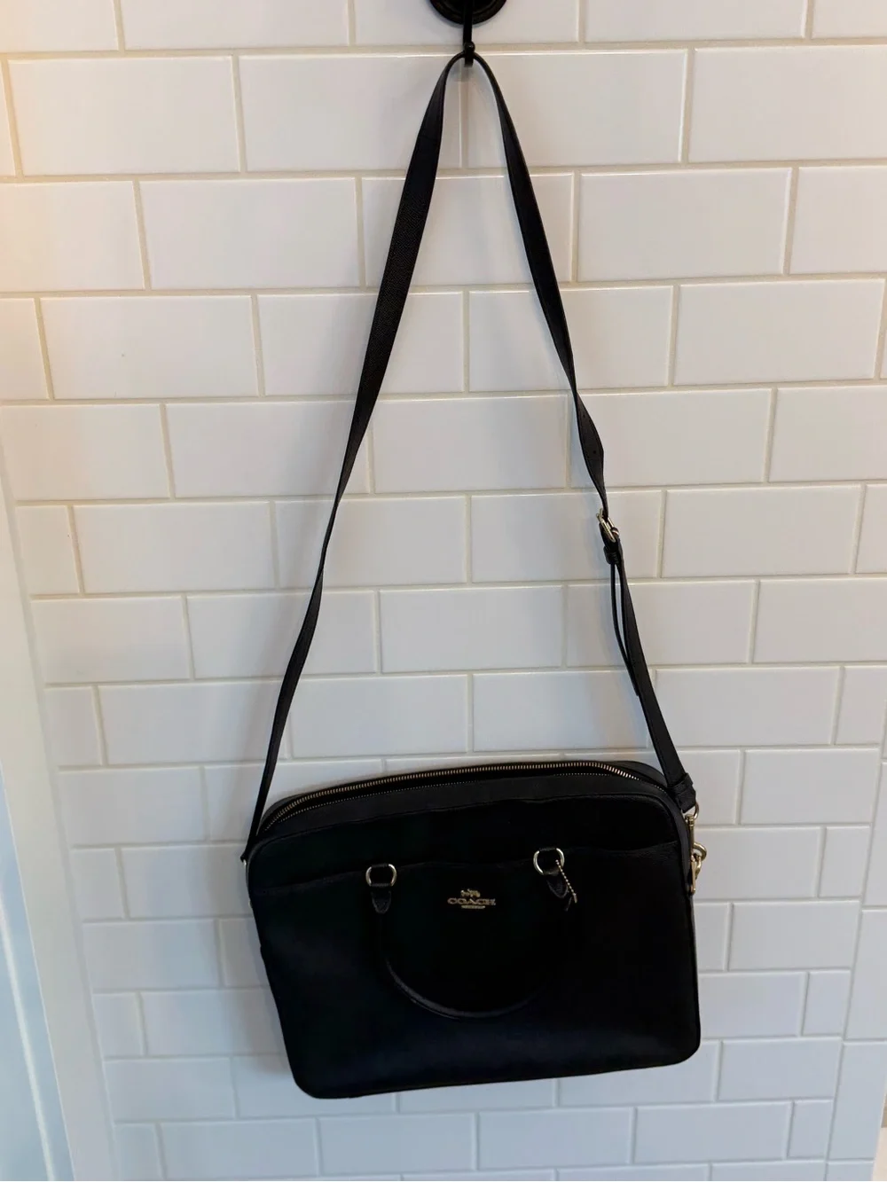 Coach Black Leather Small Laptop Bag - Removable Shoulder Strap